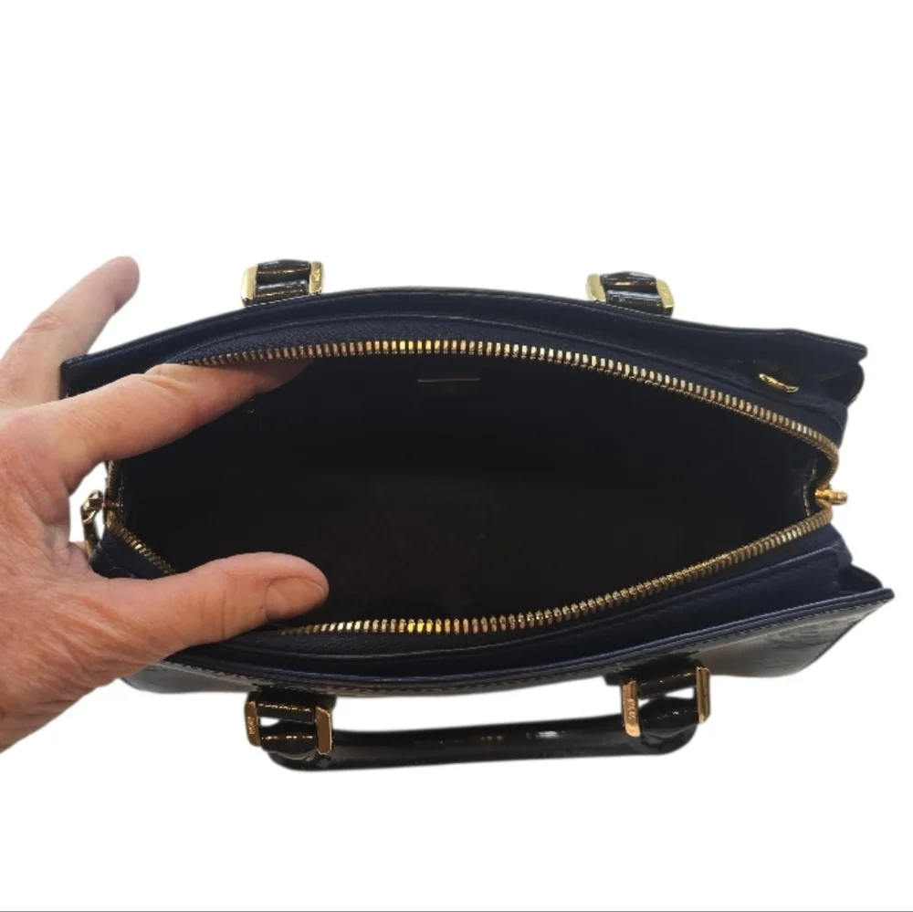 MCM Mini Boston Dark Green Navy Patent Leather Handbag